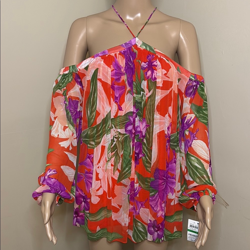 INC International Concepts Off-Shoulder Bell Sleeve Blouse in Orange and Pink